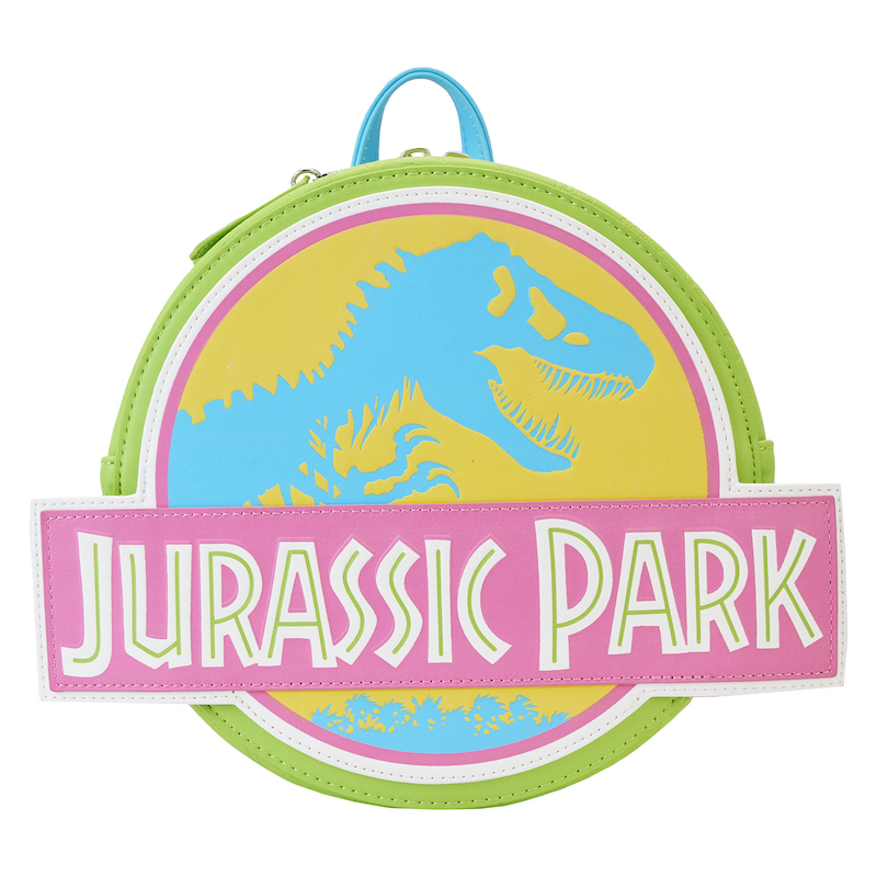 Neon green, pink, yellow and blue figural bag in the shape of the Jurassic Park logo